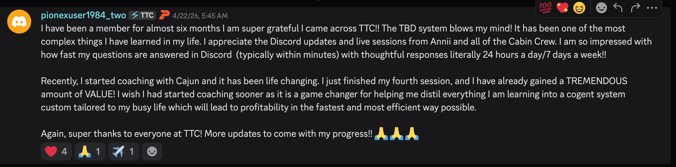 Discord — a member shares how the TBD System and daily Discord support changed their trading.