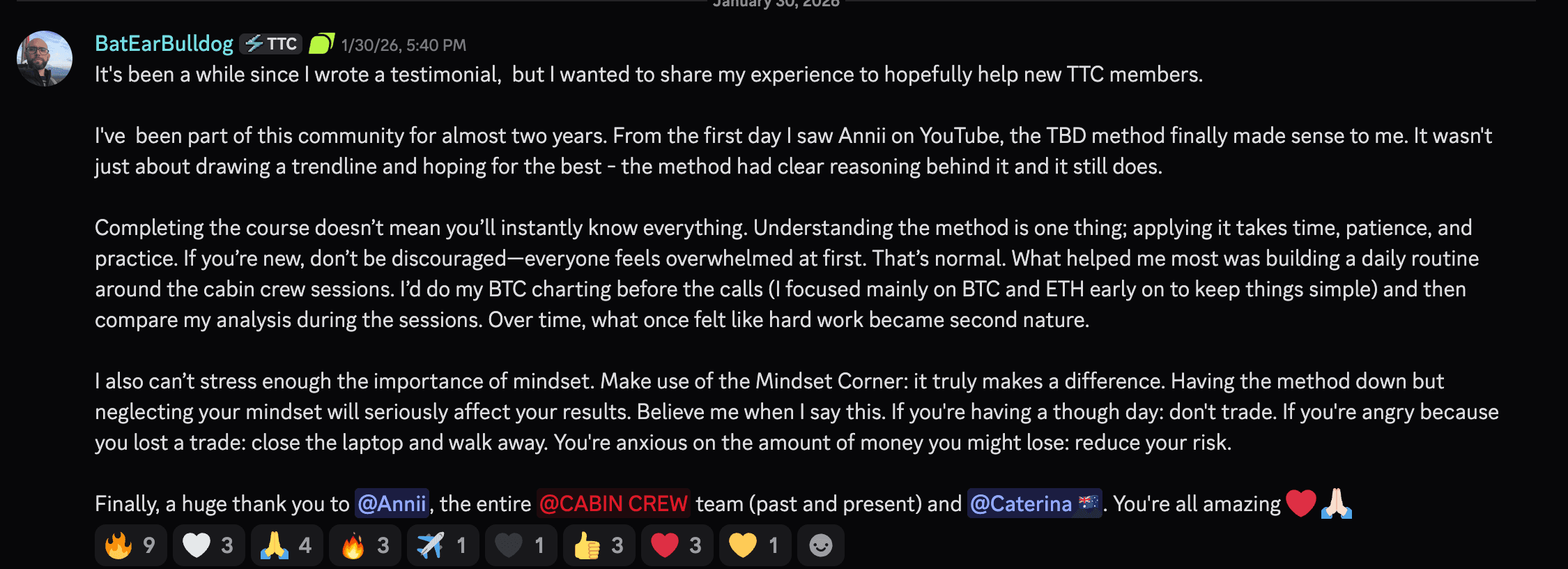 Discord — a member's written testimonial on how the TBD method and a daily routine made the charts click.