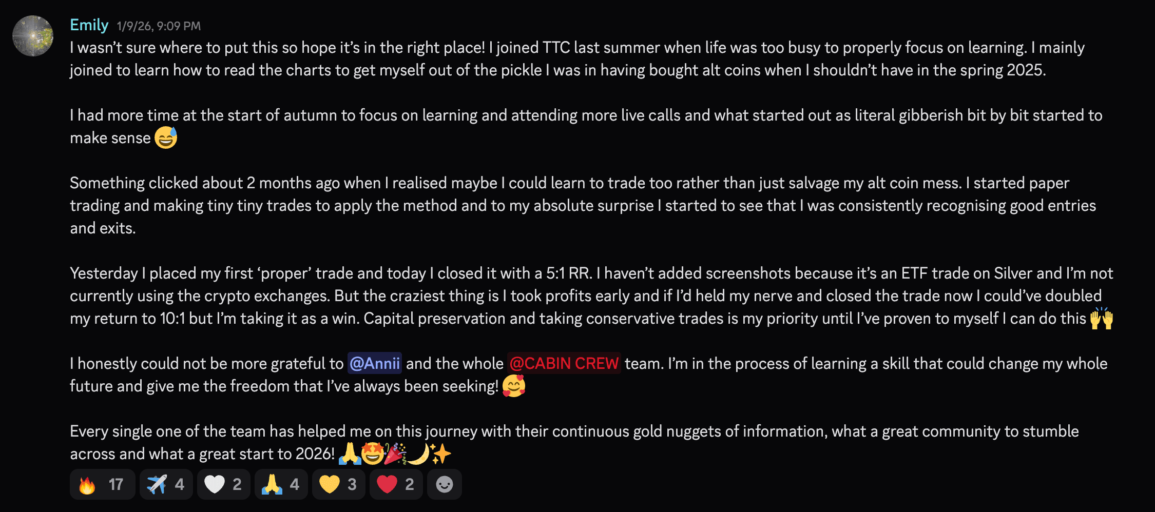 Discord — a member recaps going from an alt-coin mess to consistently spotting good entries, and a first 5:1 trade.