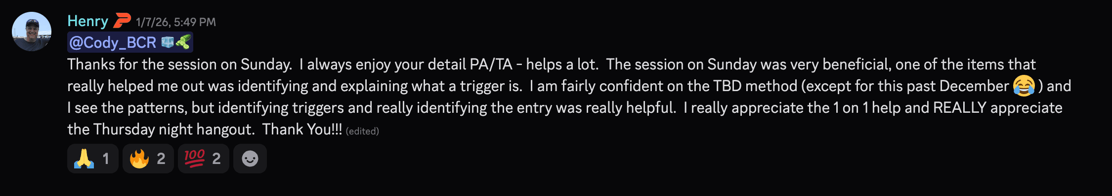 Discord — a member thanks the team for a Sunday session and says identifying entries finally clicked.