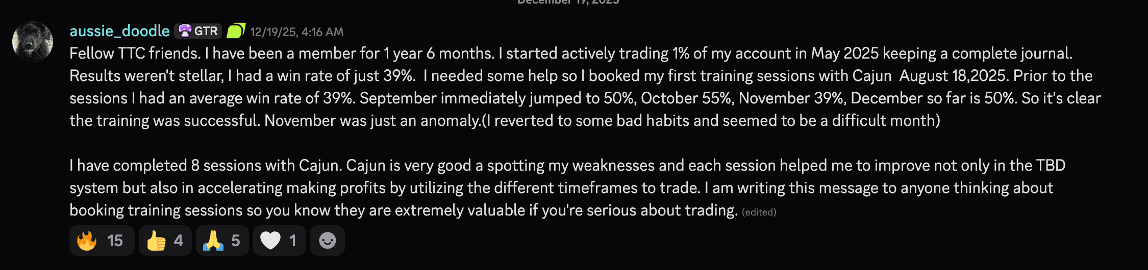 Discord — a member shares their journal results and progress after training sessions with the Cabin Crew.