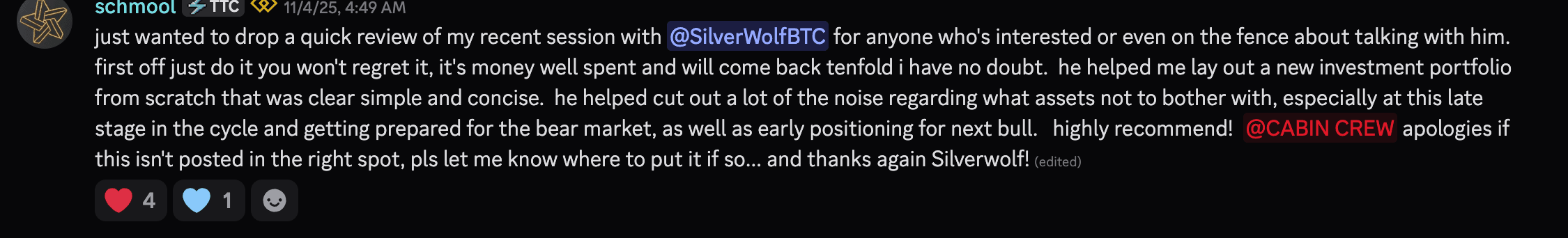 Discord — a member reviews a one-on-one coaching session and recommends it to others on the fence.