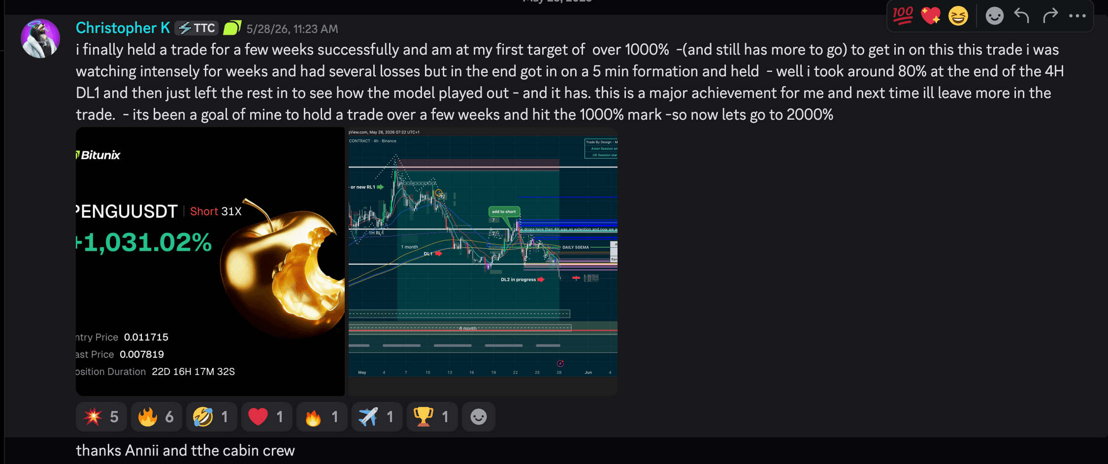 Discord — a member recaps holding a PENGUUSDT trade through the model to a major target.