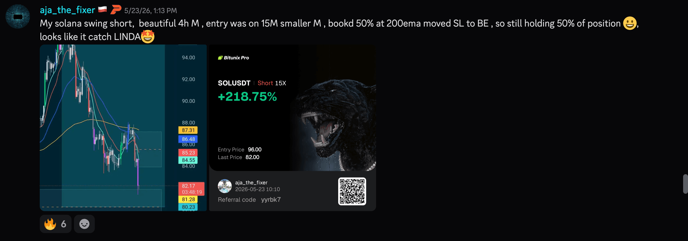 Discord — a member recaps a SOLUSDT swing short that played out, still holding half the position.