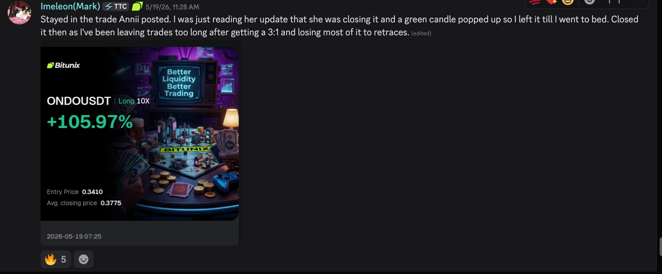 Discord — a member stayed in an ONDOUSDT long off Annii's update and closed it on the green candle.