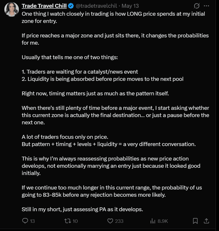 X — a Trade Travel Chill post explaining how price behaves around catalysts and liquidity.