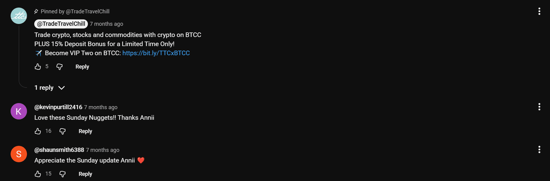 YouTube comments — members appreciating the weekly Sunday update.